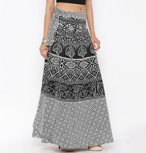 Black & White Ethnic Print Wrap-Around Maxi Skirt